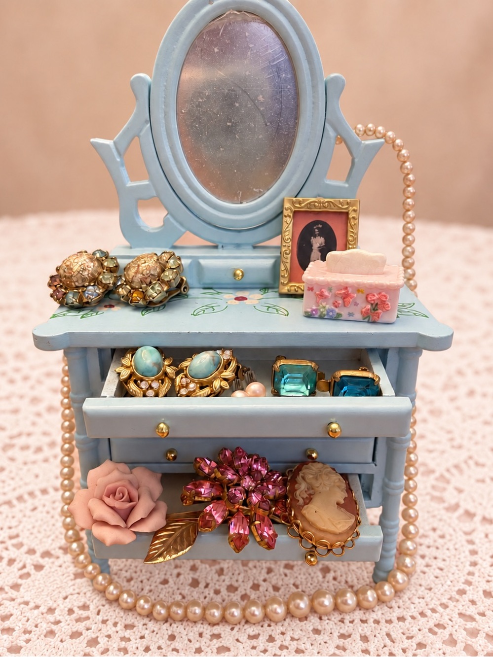 🫖 🎀Blue Miniature Vanity & Jewelry